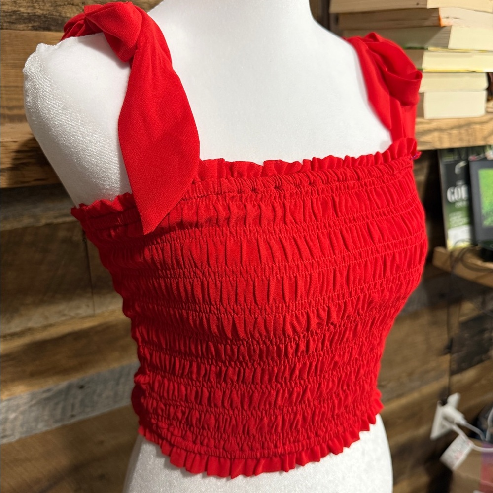 Altar'd State Red Smocked Tie-Shoulder Crop Top - Picture 3 of 3